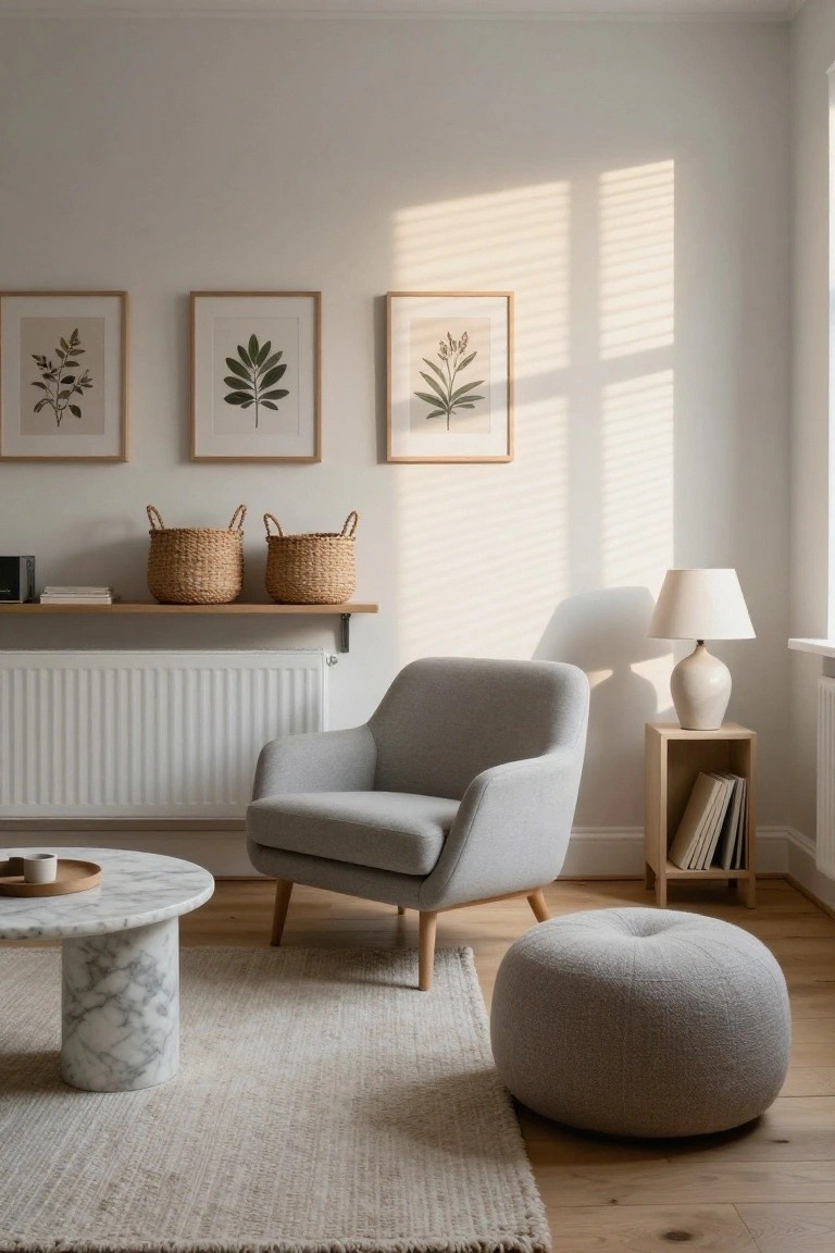 Light-filled living room corner with gray fabric armchair, gray pouf ottoman, white marble pedestal coffee table, wooden side table holding lamp and books, rattan baskets on shelf above white radiator, and three framed botanical prints on beige walls.