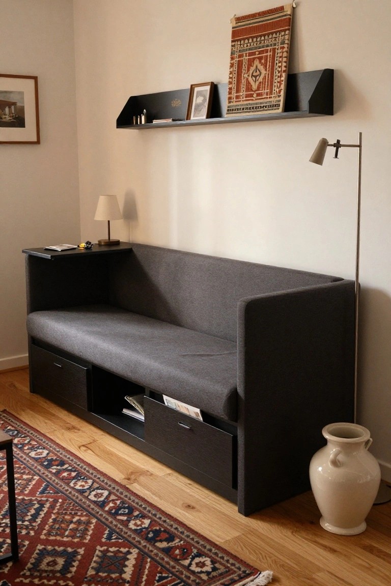 Gray fabric sofa with black wooden frame featuring lower drawers, open shelf holding magazines, and side table arm with lamp, set against beige walls on wooden floor with red Persian rug.