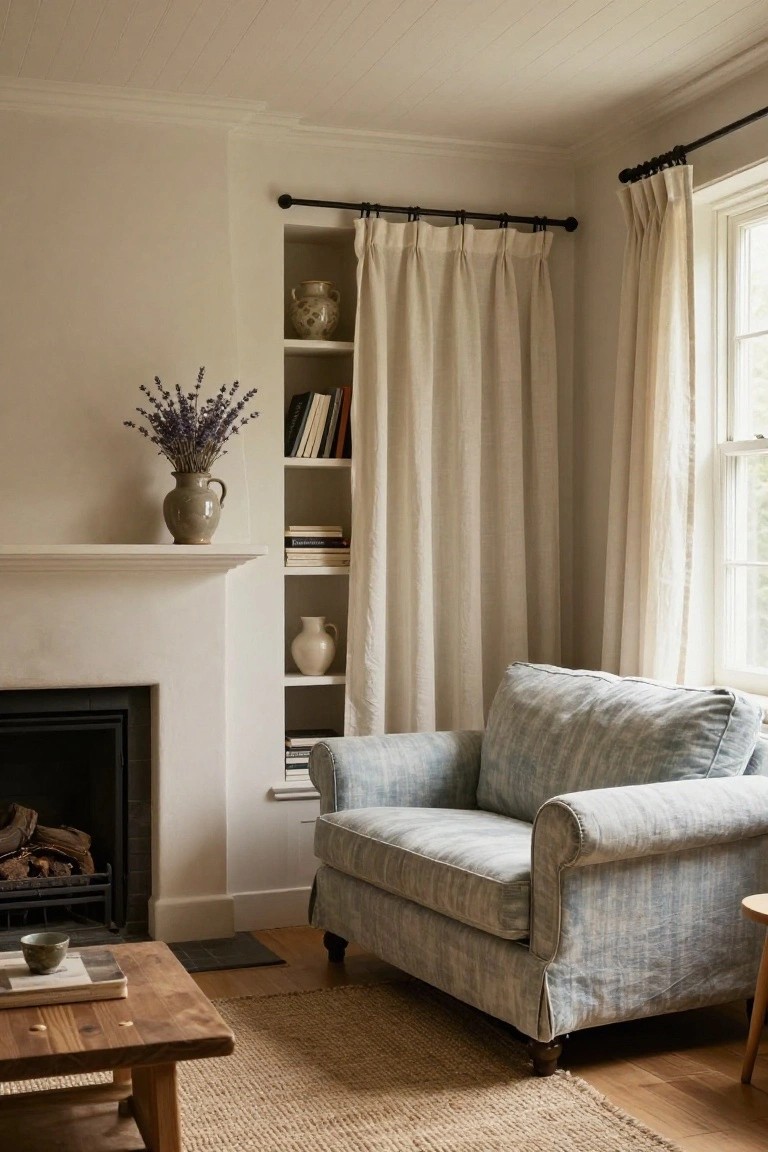 Cozy living room with blue armchair, built-in bookshelves, and fireplace.