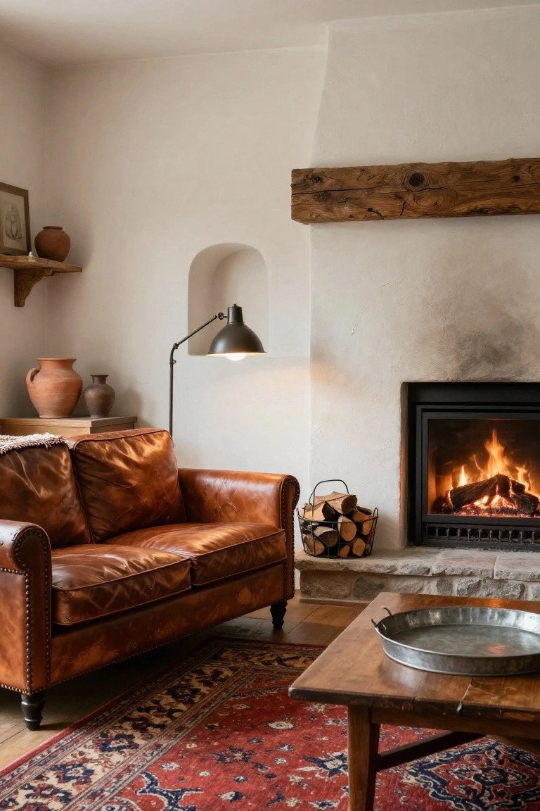 White-walled living room corner with brown leather loveseat beside a lit black fireplace, wooden coffee table on red patterned rug, terracotta pots on shelves, and arched niche.