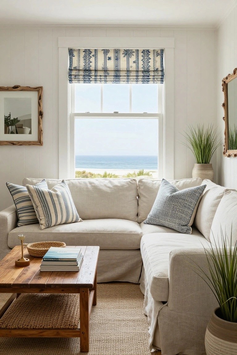 White slipcovered L-shaped sofa in corner of small white-paneled living room with large window showing ocean view, wooden coffee table with books, seagrass rug, potted plants, and striped pillows.