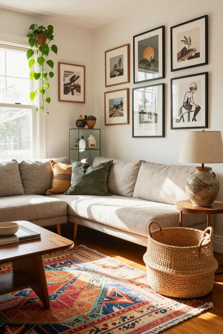 Light gray L-shaped sofa in a sunny living room corner with patterned pillows, wooden coffee table, woven basket, colorful rug, potted plants, and assorted wall art.