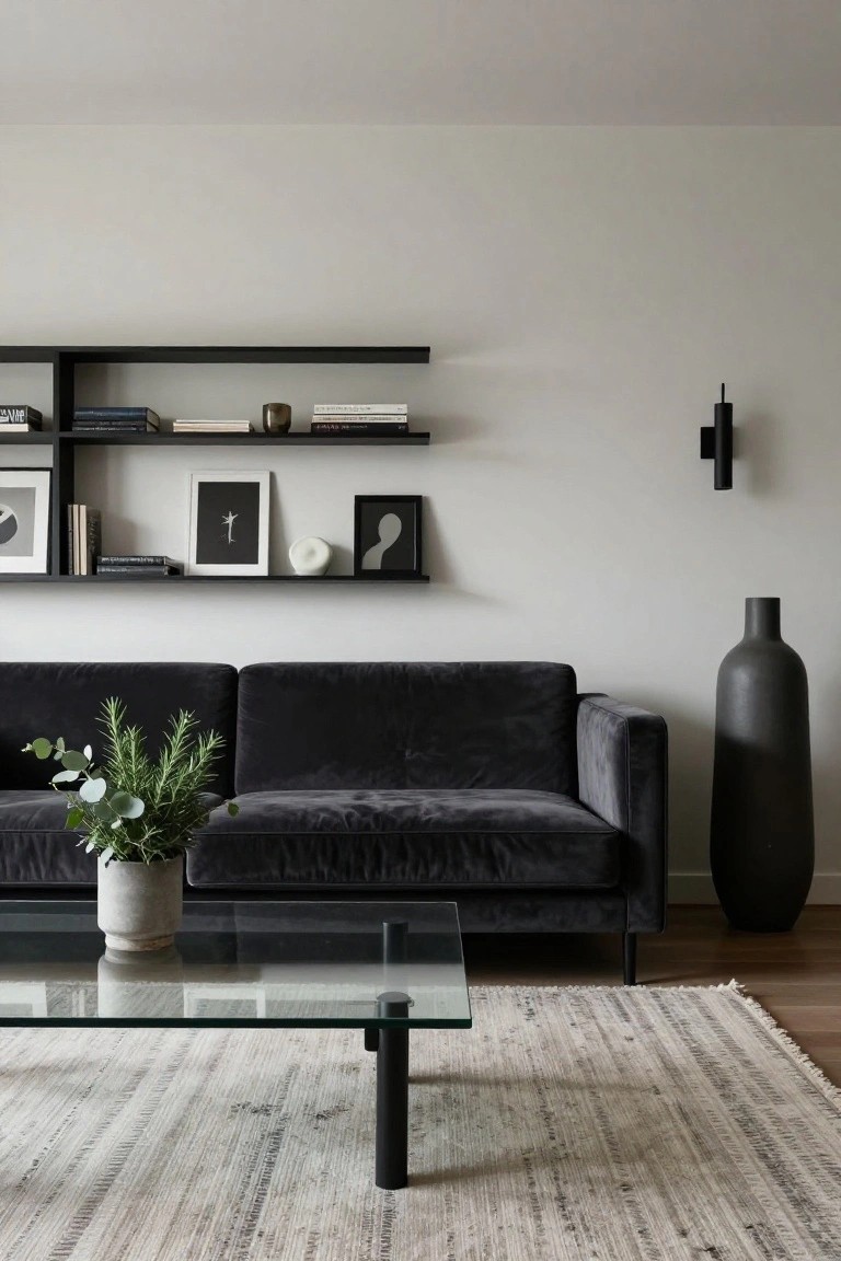 Modern living room with black velvet sofa, glass coffee table on black legs, open black wall shelves with books and art, potted plants, tall black vase, light gray walls, and neutral rug.