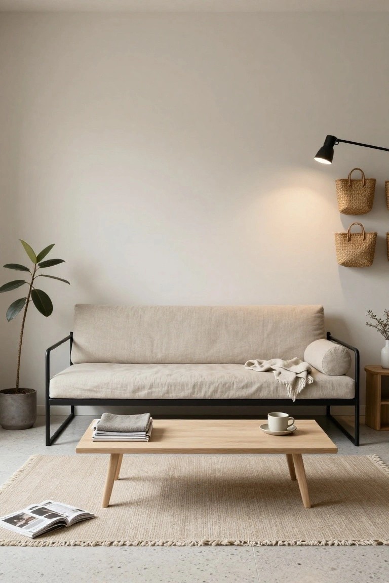 A beige linen daybed sofa with black metal frame in a light minimalist living room, low oak coffee table with magazines and teacup, potted ficus plant, woven wall baskets, and floor rug.