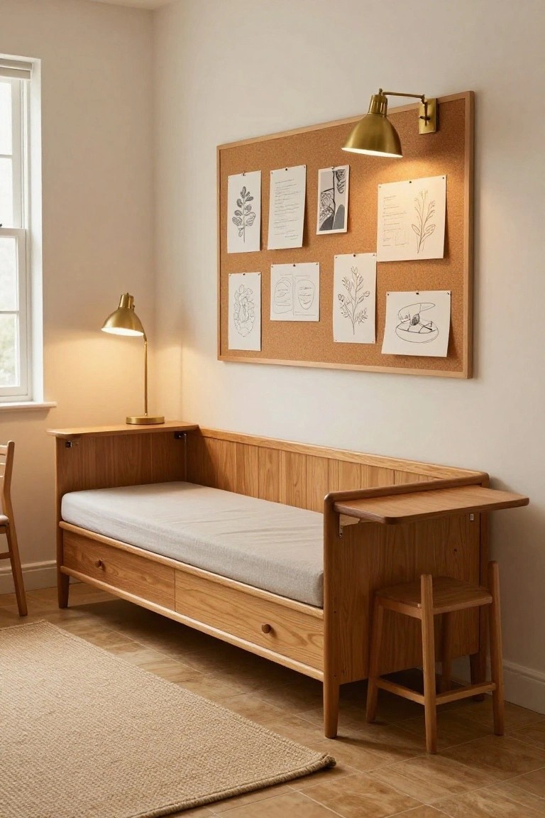 Wooden daybed with storage drawers underneath the mattress, armrest shelves, and a small attached stool in a light beige room with a corkboard wall, gold lamps, and a chair nearby.