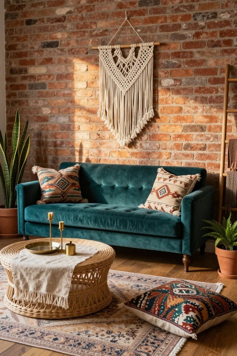 Brick-walled living room featuring a tufted emerald green velvet sofa with patterned pillows, rattan coffee table holding candles, potted plants, woven wall hanging, and patterned rug.