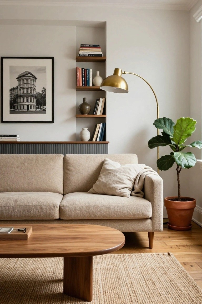 Beige low-profile sofa with exposed tapered wooden legs against a wood-topped gray-paneled wall unit with open shelves holding books and ceramics, beside a large potted fiddle leaf fig, oval wooden coffee table, gold arched floor lamp, and seagrass rug on hardwood floors in a white living room.