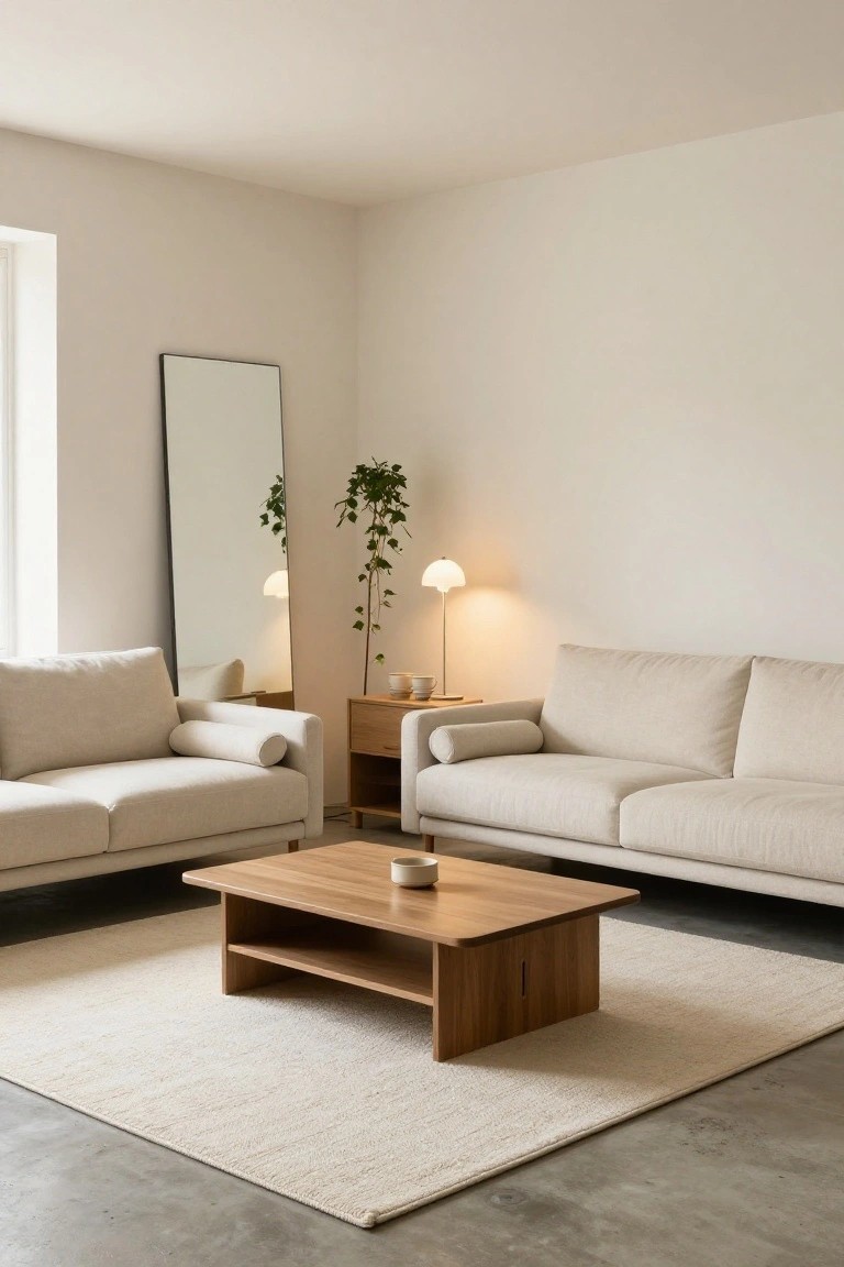 A minimalist living room with two facing light beige fabric sofas, a low wooden coffee table with shelf, light rug on concrete floor, side table with lamp and plant, and tall mirror near white walls and window.