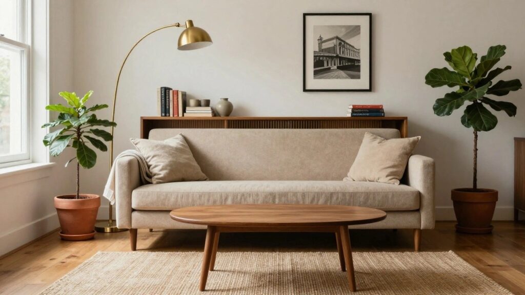 22 Clever Sofa Ideas for Small Living Rooms That Maximize Every Inch Beige low-profile sofa with exposed tapered wooden legs against a wood-topped gray-paneled wall unit with open shelves holding books and ceramics, beside a large potted fiddle leaf fig, oval wooden coffee table, gold arched floor lamp, and seagrass rug on hardwood floors in a white living room.