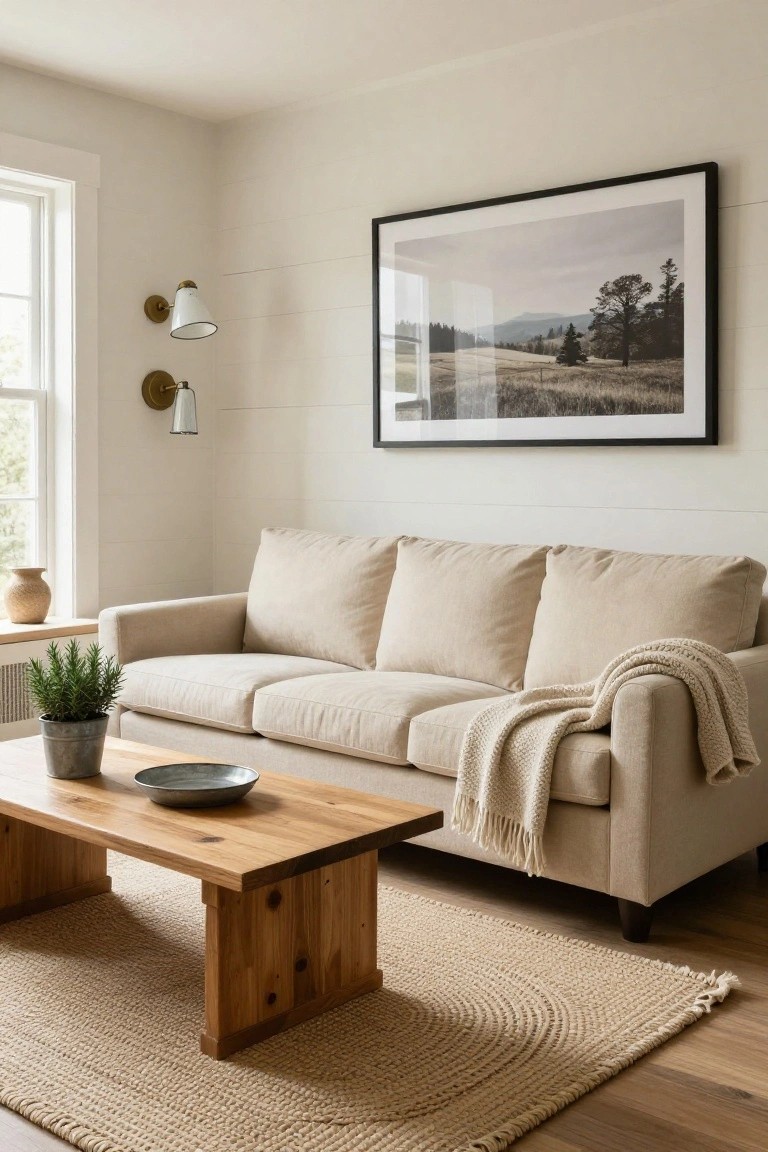 Beige three-seater sofa with draped cream throw blanket in a light shiplap-walled living room, featuring wall sconces, potted rosemary plant, wooden coffee table with ceramic bowl, jute rug, and large framed black-and-white landscape photo.