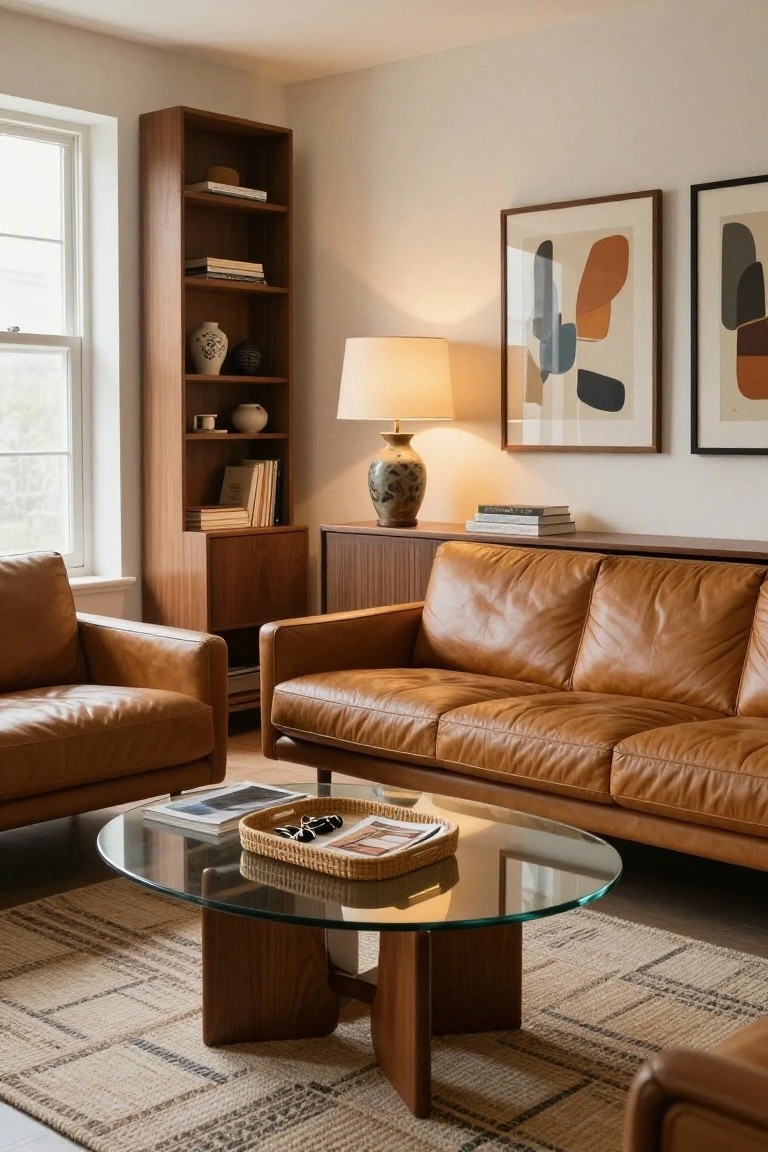A small living room with tan leather sofa, matching armchair, wooden credenza and bookshelves, glass coffee table on woven rug, and abstract wall art.
