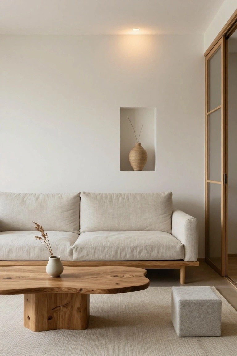 Minimalist living room with low-profile beige linen sofa on wooden legs, irregular live-edge wooden coffee table, neutral woven rug, small gray cube stool, wall niche holding tall vase with dried branches, and sliding wooden doors.