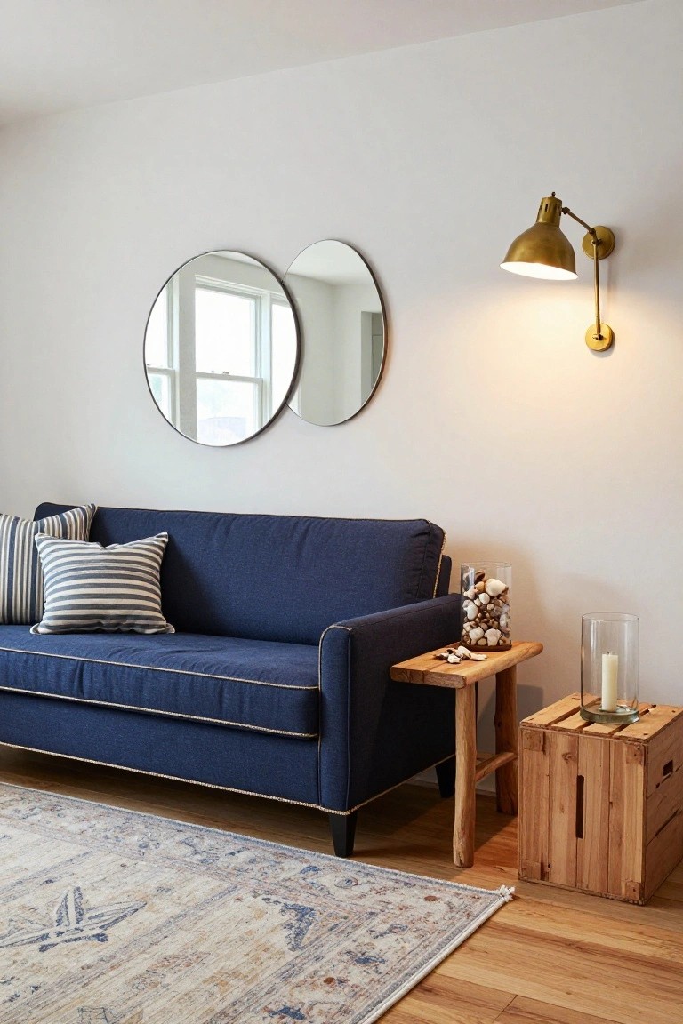 Navy blue sofa against a white wall in a living room with two large round mirrors above it, a wooden side table holding shells and a candle, a wooden crate stool nearby, and a patterned rug on hardwood floors.