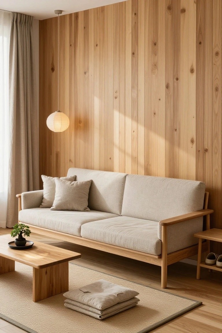 A minimalist indoor living room with light beige two-seater sofa featuring exposed wooden frame and arms, low rectangular wooden coffee table holding a bonsai plant, stacked beige cushions on a light rug, wooden paneled walls, wooden floor, beige curtains, and hanging paper lantern light.
