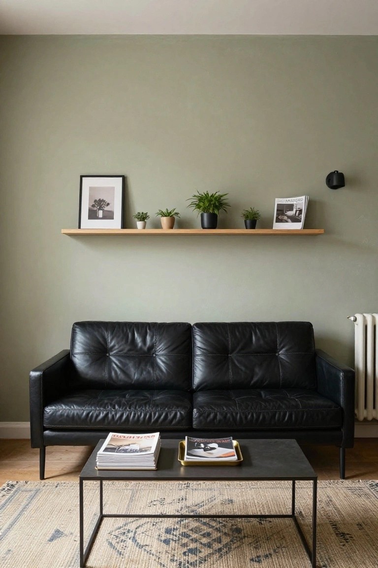 Modern living room with black leather sofa, wooden shelf, and coffee table.