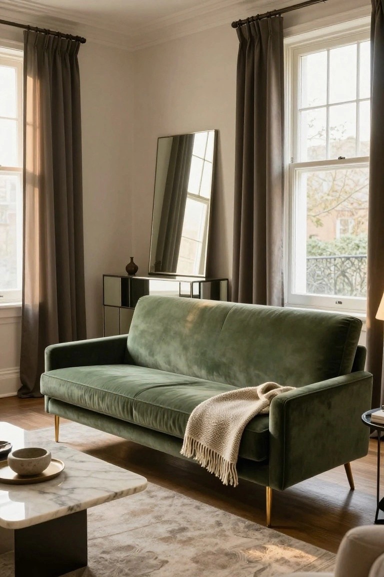 Green velvet sofa with slim gold legs and cream throw blanket in a beige-walled living room with tall windows, brown curtains, mirrored cabinet, and marble coffee table on wood floor.