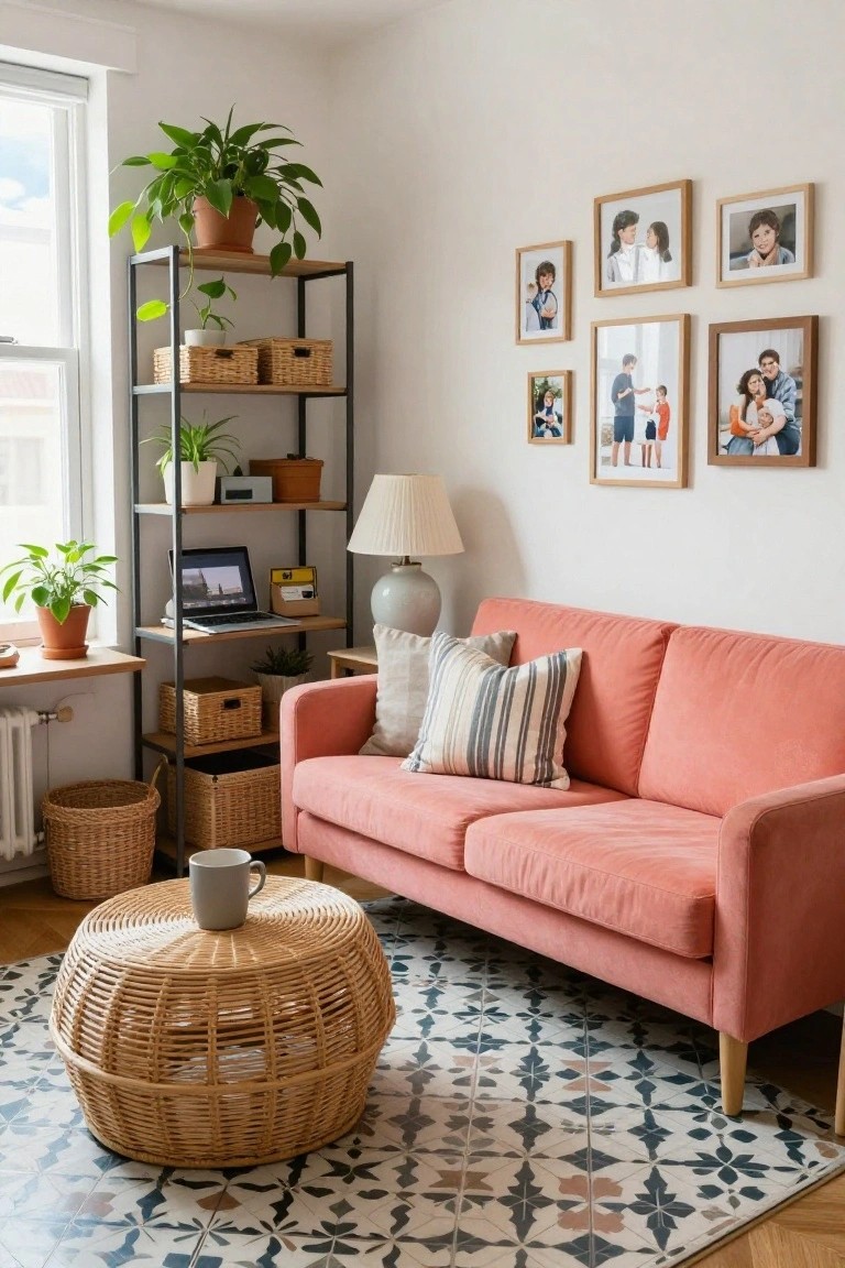 Small living room with pink velvet two-seater sofa, tall black metal shelving unit next to it holding plants, woven baskets, laptop, and books, rattan coffee table, patterned rug, and window with plants.