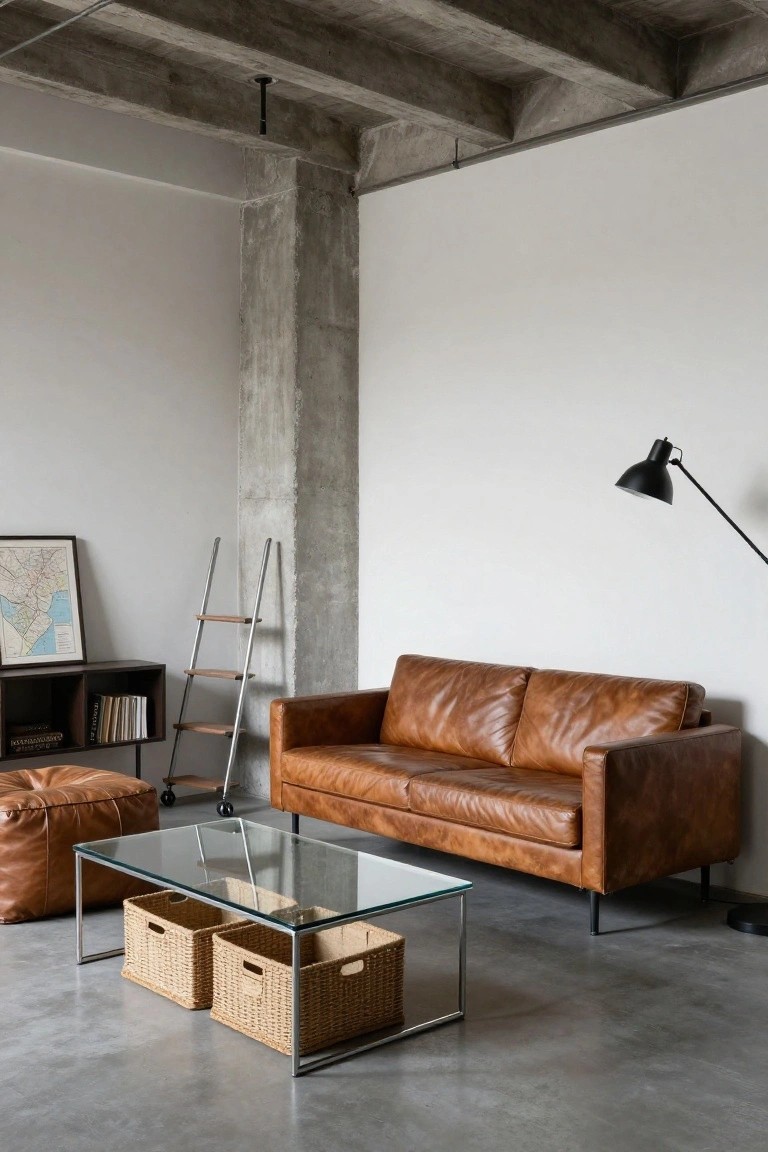 Small modern living room with exposed concrete ceiling and pillar, tan leather sofa, glass coffee table with two wicker baskets underneath, brown leather pouf, black ladder shelf, bookshelves, and a map on the wall.