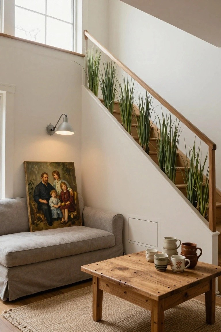 Gray slipcovered sofa against white wall next to wooden staircase lined with potted grasses, low wooden coffee table with ceramic mugs in front, and framed family portrait leaning nearby.