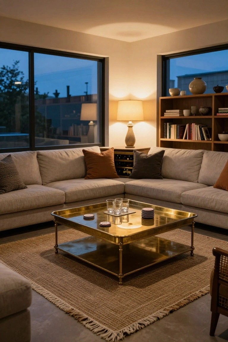 Light beige L-shaped sofa in a modern living room with a square brass tray coffee table holding glasses and coasters, flanked by bookshelves and large corner windows at dusk.