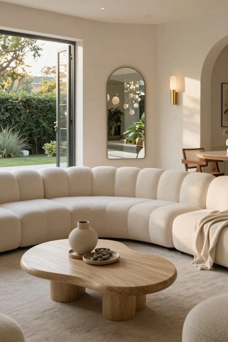 Light beige L-shaped sofa with rounded cushions in a neutral living room, curved wooden coffee table centered in front holding a ceramic vase and dish of stones, open glass doors to garden, arched mirror on wall.