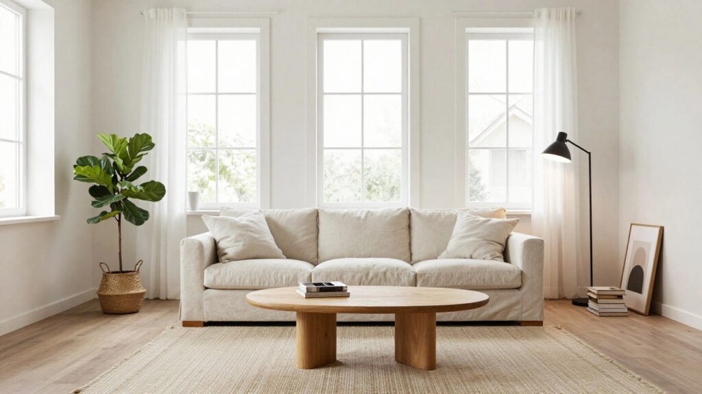 Living room corner featuring a light beige L-shaped sofa, oval wooden coffee table on a cream seagrass rug, fiddle leaf fig plant in a basket, black floor lamp, stack of books on a shelf, abstract black and white framed art, and bay windows with sheer white curtains.