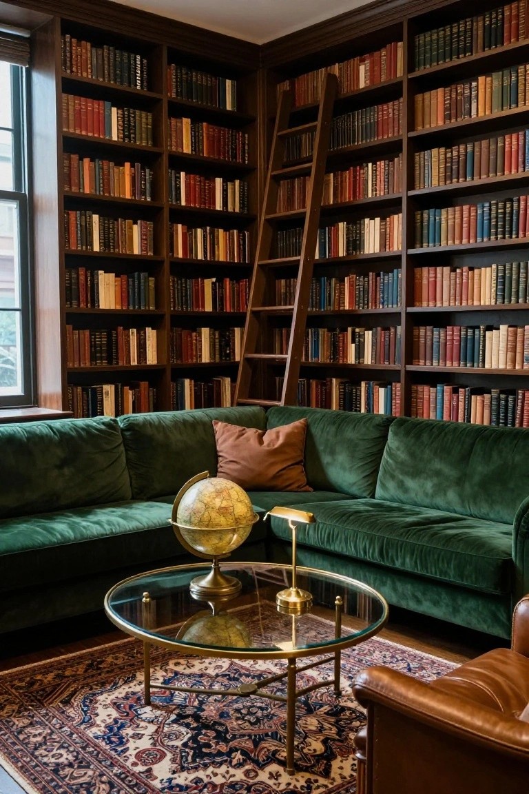 Library room with floor-to-ceiling dark wood bookshelves and rolling ladder, emerald green L-shaped velvet sofa, clear glass coffee table on brass legs holding a globe and lamp, patterned rug, and tan leather armchair.