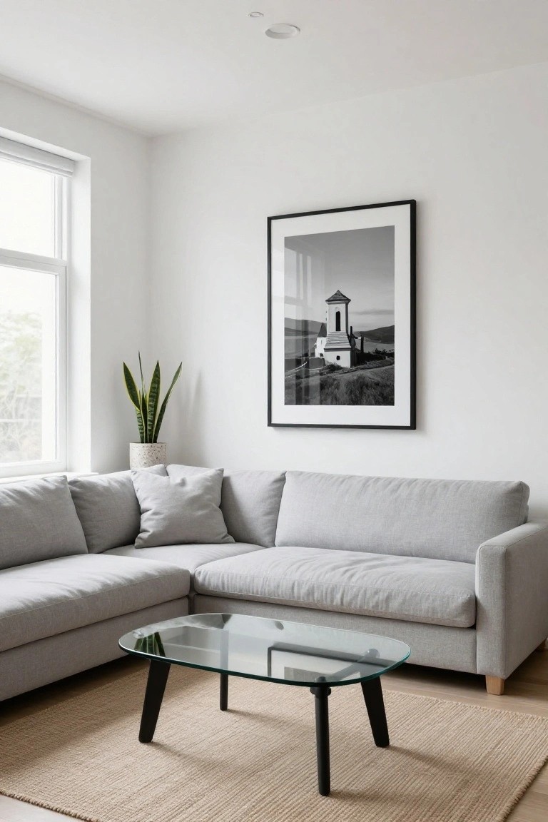 Light gray L-shaped sofa in a white-walled room with an oval glass coffee table on black legs, beige rug, potted snake plant, and large black-and-white framed photo of a church near a window with blinds.