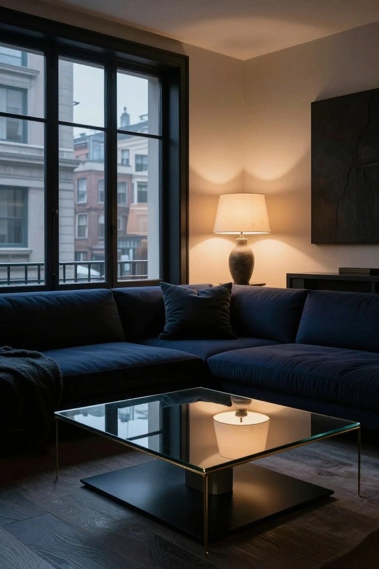 Contemporary living room with navy L-shaped sofa, rectangular glass coffee table on metal base, ceramic lamp, and large black-framed windows showing city buildings at dusk.