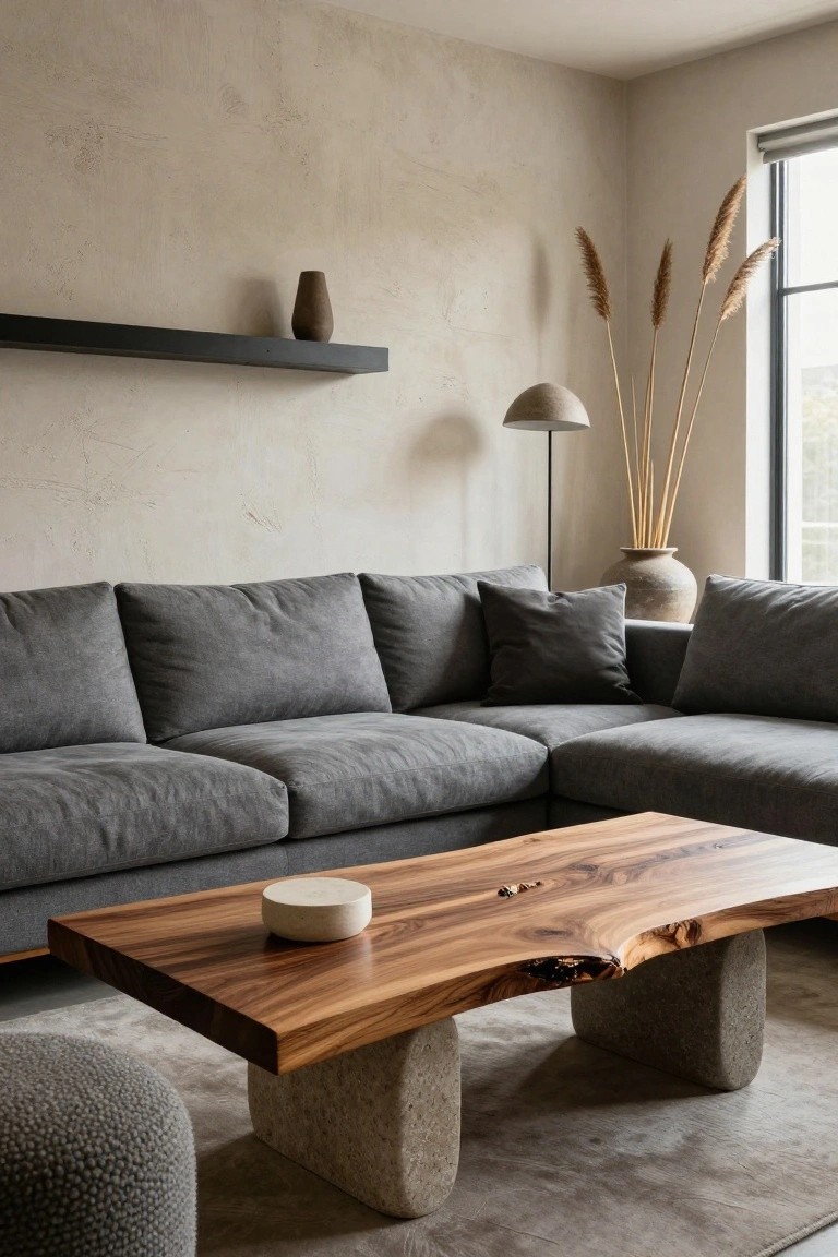 A modern living room with beige textured walls, gray L-shaped fabric sofa, live-edge wooden coffee table on two concrete bases, pampas grass in a vase, and a gray pouf stool on a light rug.