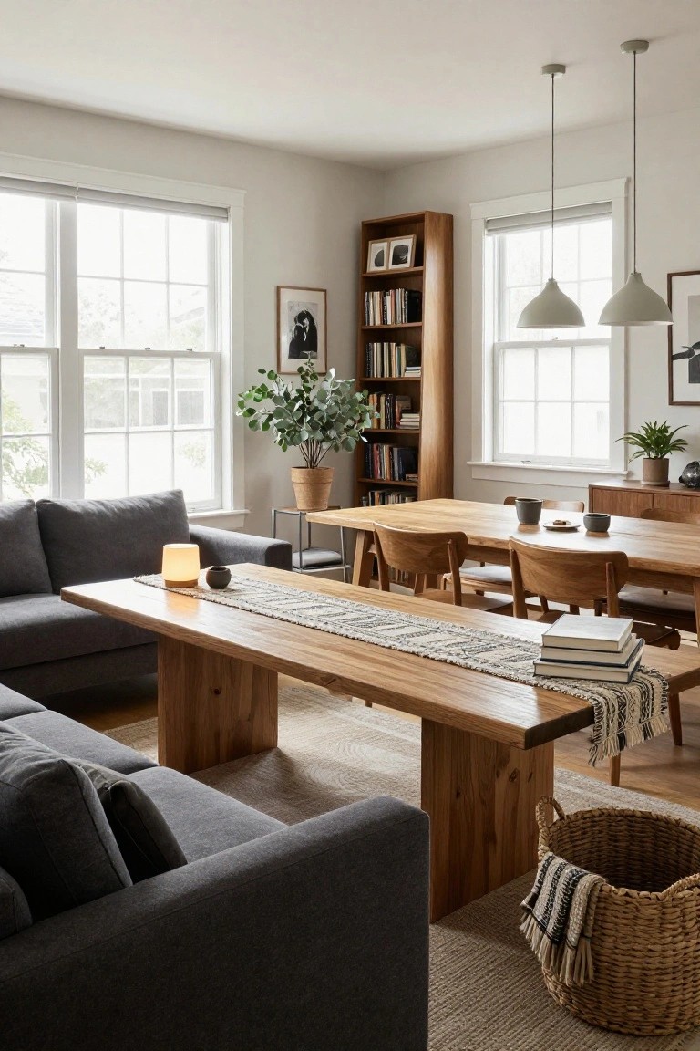 Gray L-shaped sofa next to a long rectangular wooden coffee table with a woven runner, in a light-filled living room with bookshelves, plants, and a wooden dining table.