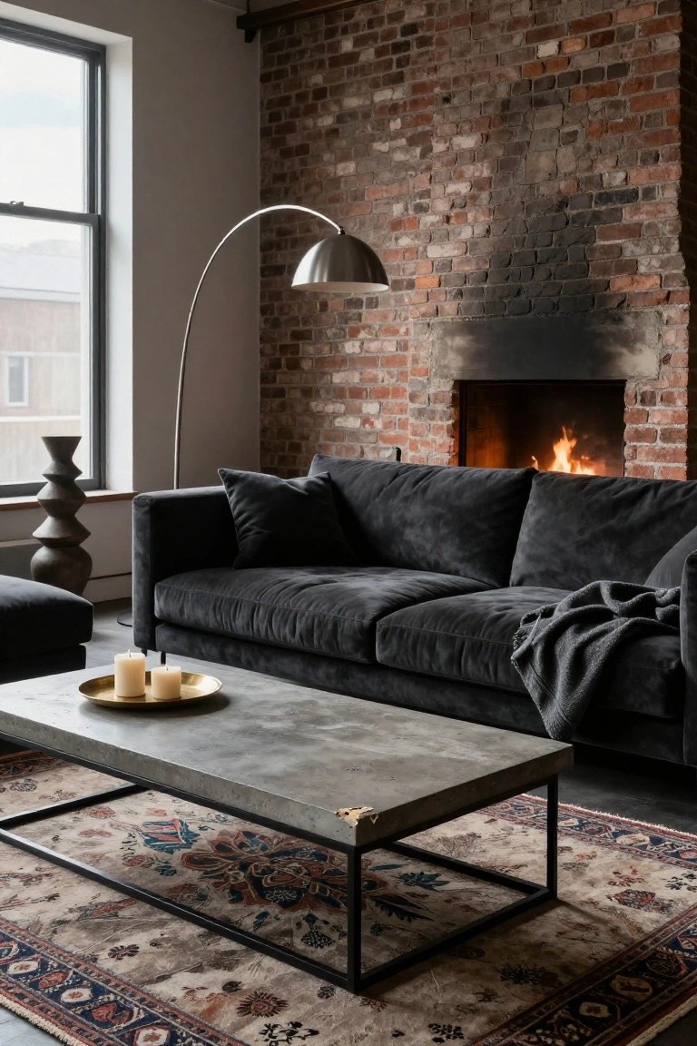 Living room interior with exposed brick walls, black L-shaped velvet sofa, rectangular gray concrete coffee table on black metal legs over a patterned rug, burning fireplace, arc floor lamp, and candles on the table.