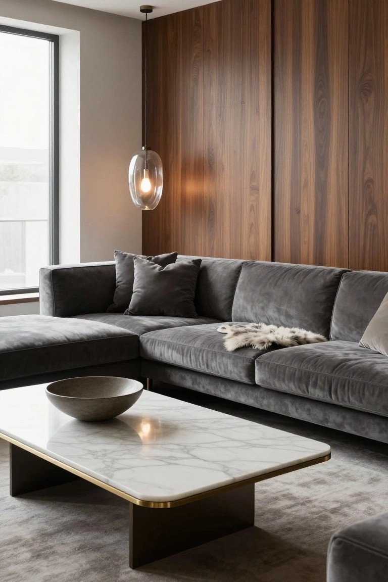 Contemporary living room with charcoal gray L-shaped velvet sofa, low white marble rectangular coffee table with brass edges and dark legs, terracotta bowl on table, wood-paneled walls, pendant light, and large window.