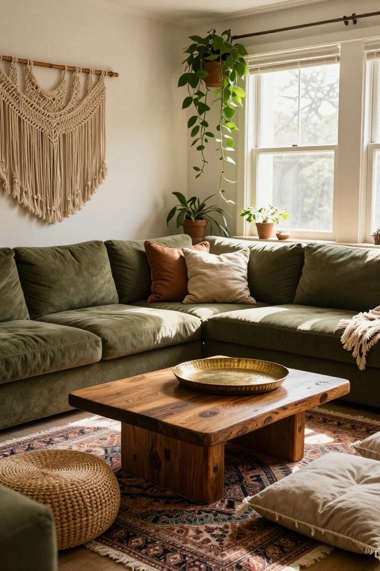 Living room corner featuring a green velvet L-shaped sofa, low rectangular wooden coffee table with brass tray on top, wicker pouf, floor cushions, Persian rug, potted plants, macrame wall hanging, and large windows with natural light.