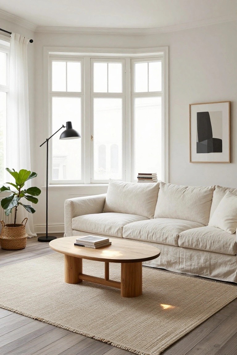 Living room corner featuring a light beige L-shaped sofa, oval wooden coffee table on a cream seagrass rug, fiddle leaf fig plant in a basket, black floor lamp, stack of books on a shelf, abstract black and white framed art, and bay windows with sheer white curtains.