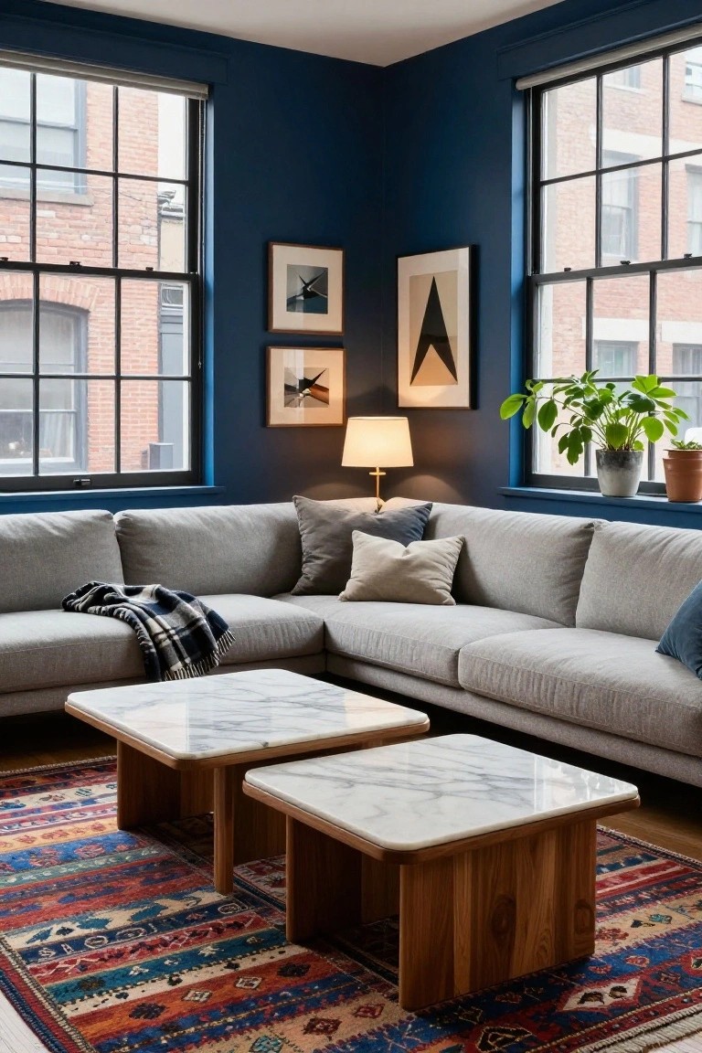 Navy blue corner living room with gray L-shaped sofa, two square white marble-top coffee tables on wooden legs, colorful patterned rug, pillows and blanket on sofa, wall art, lamp, plants, and large windows.