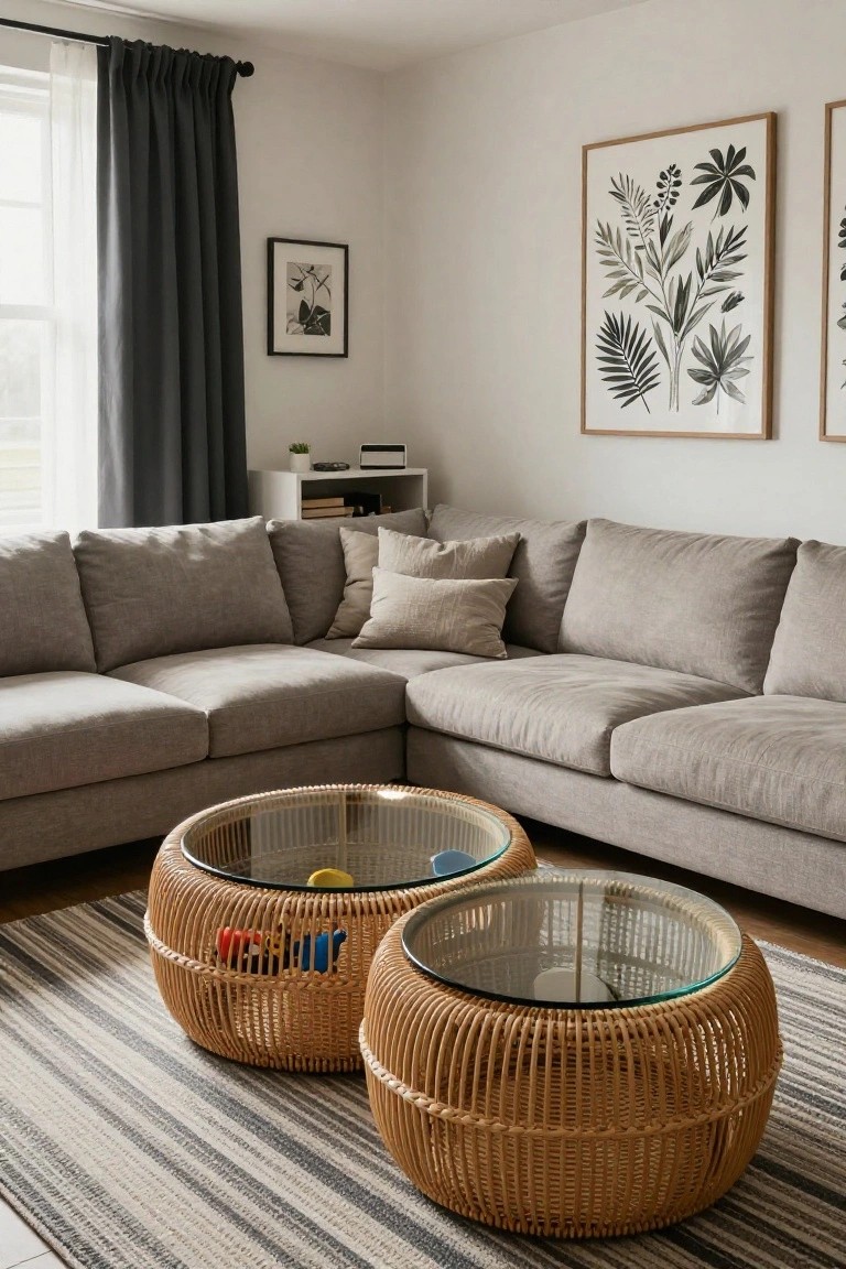 Light gray L-shaped sofa in a bright living room with two round glass-topped rattan coffee tables on a striped rug, neutral walls, plants, and art.