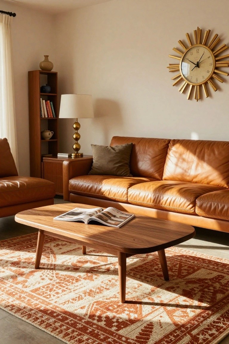 Living room with tan L-shaped leather sofa, rectangular wooden coffee table holding an open magazine, terracotta-patterned rug, wooden bookshelves, brass lamp, and gold sunburst wall clock.