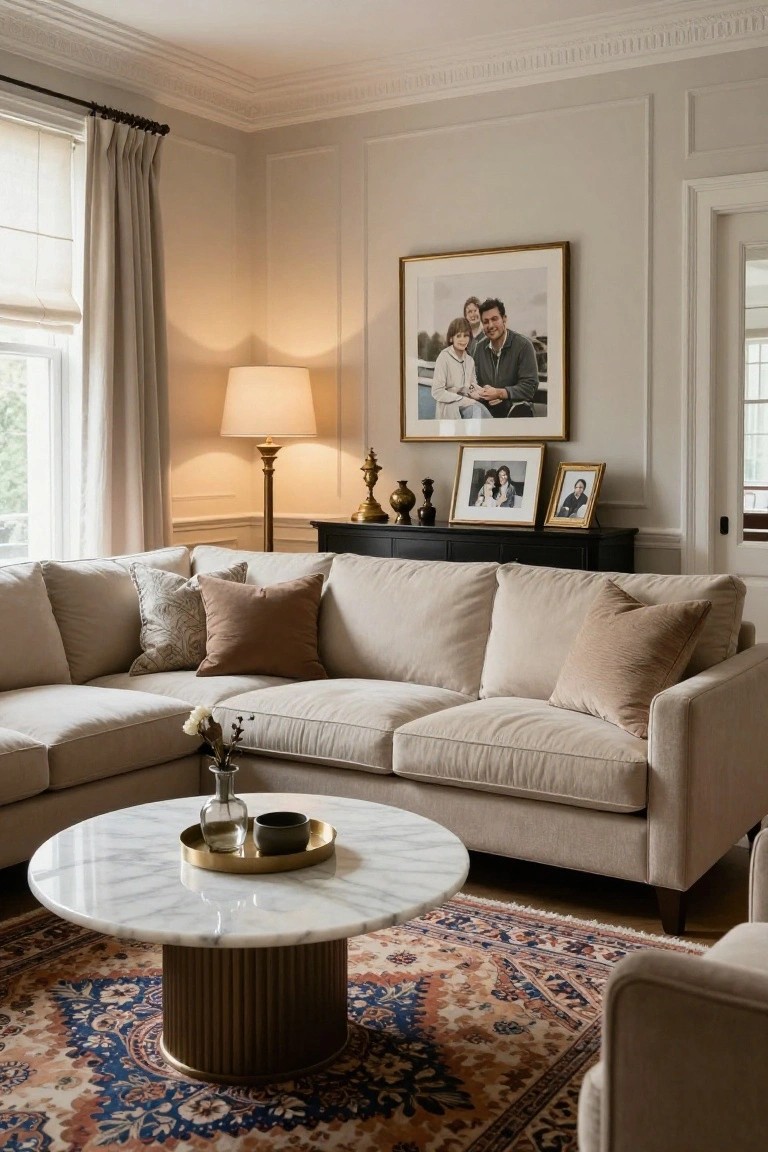 Beige L-shaped sofa in a pale gray paneled living room with round white marble pedestal coffee table on an orange and blue Persian rug, black sideboard with photos and lamps nearby.
