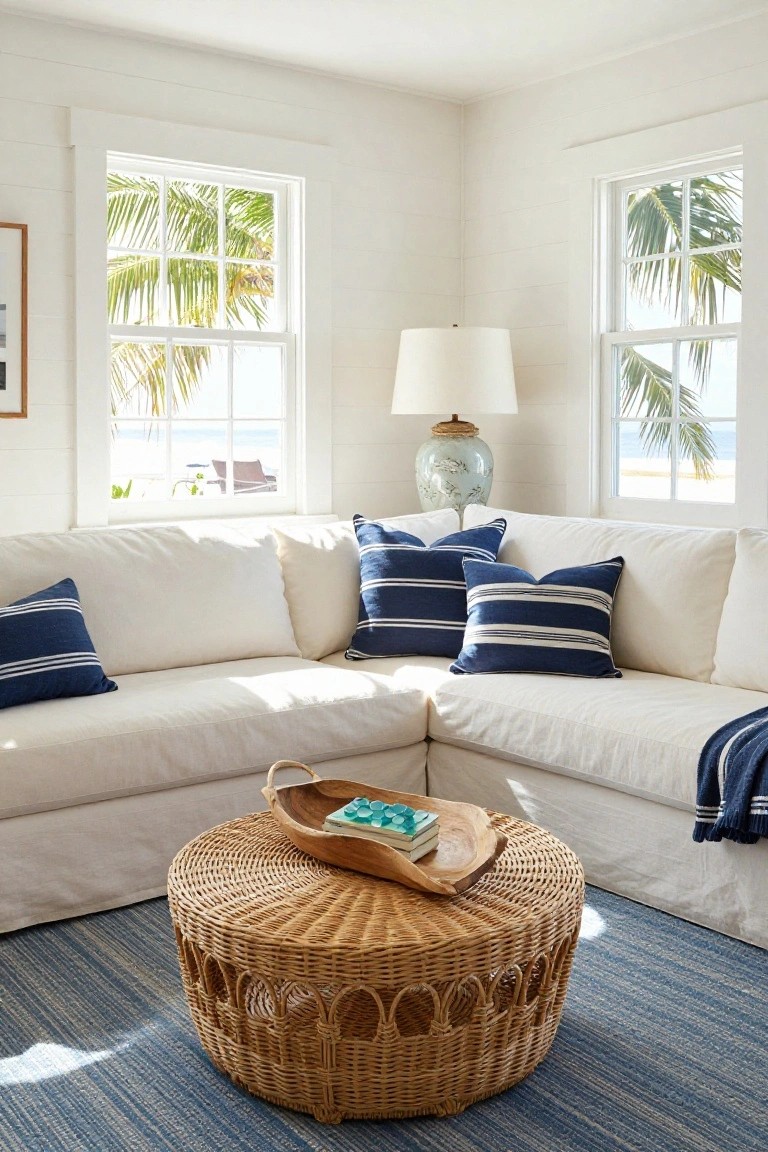 Bright corner of a coastal living room with white L-shaped slipcovered sofa, navy striped pillows, round woven coffee table holding wooden tray with books, blue rug, lamp, vase, and large windows showing beach and palms.
