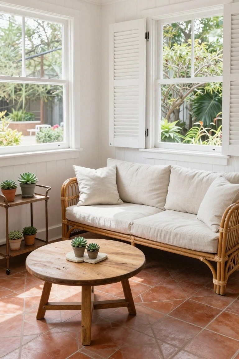 Sunlit room with white walls and large windows showing garden views, rattan sofa with white cushions, round wooden coffee table holding potted succulents, metal plant cart, and terracotta tile floor.