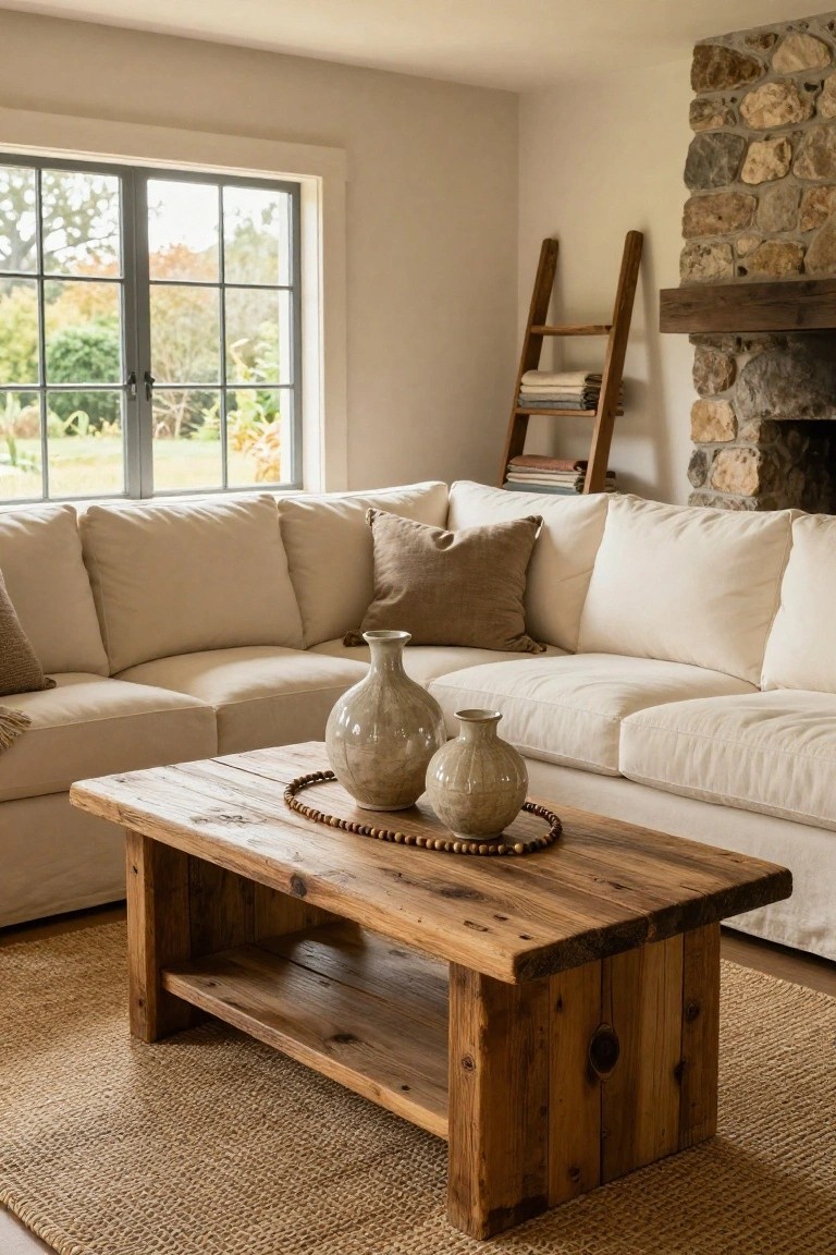 Beige L-shaped sofa in a light living room corner with rustic wooden coffee table featuring open shelf, two white ceramic vases and wooden bead necklace on table top, ladder shelf holding linens and books, stone fireplace, and large window overlooking garden.
