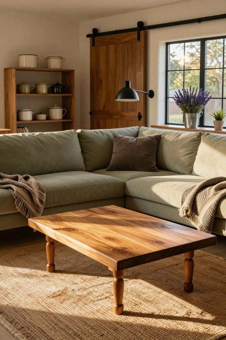A sage green L-shaped sofa in a sunlit living room corner with a low rectangular wooden coffee table featuring turned legs on a seagrass rug, open wooden shelves holding white pottery, a dark wooden barn door, and a window with lavender bouquet.