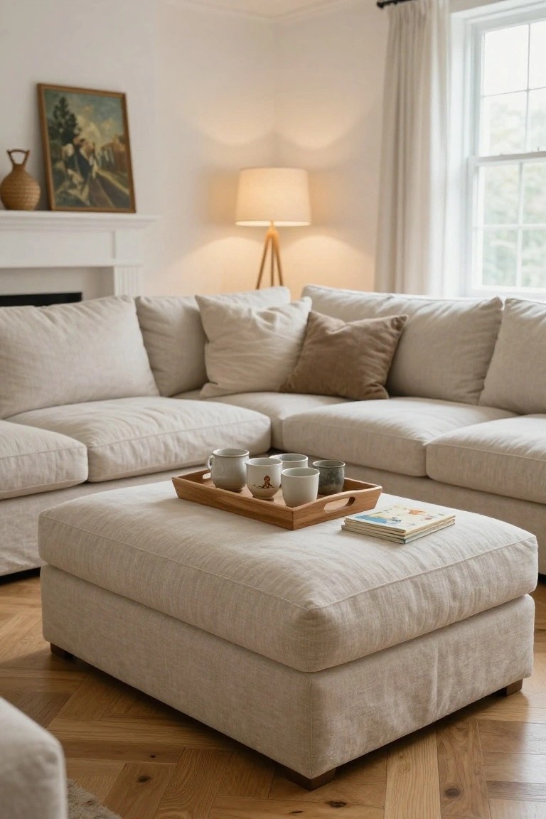 White L-shaped linen sofa in a bright living room corner with an upholstered ottoman as coffee table, topped by a wooden tray holding white teacups and a children's book, near a floor lamp and fireplace mantel.