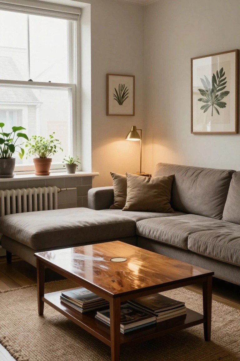 Light gray L-shaped sofa in a neutral living room with a rectangular wooden coffee table featuring books on its lower shelf, plants on the windowsill, wall art of leaves, and a gold lamp nearby.