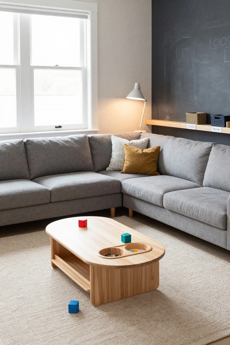 Gray L-shaped sofa in a light-filled living room with a low oval light wood coffee table featuring lower shelves and upper compartments, colorful wooden blocks on and beside the table, near a blackboard wall and window.