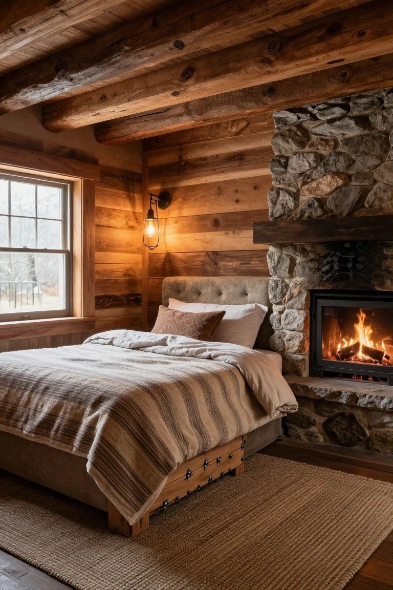 A bedroom in a log cabin with wooden walls and ceiling, a cushioned bed with striped blankets next to a stone fireplace with burning logs, a window showing winter outdoors, and a seagrass rug on the floor.