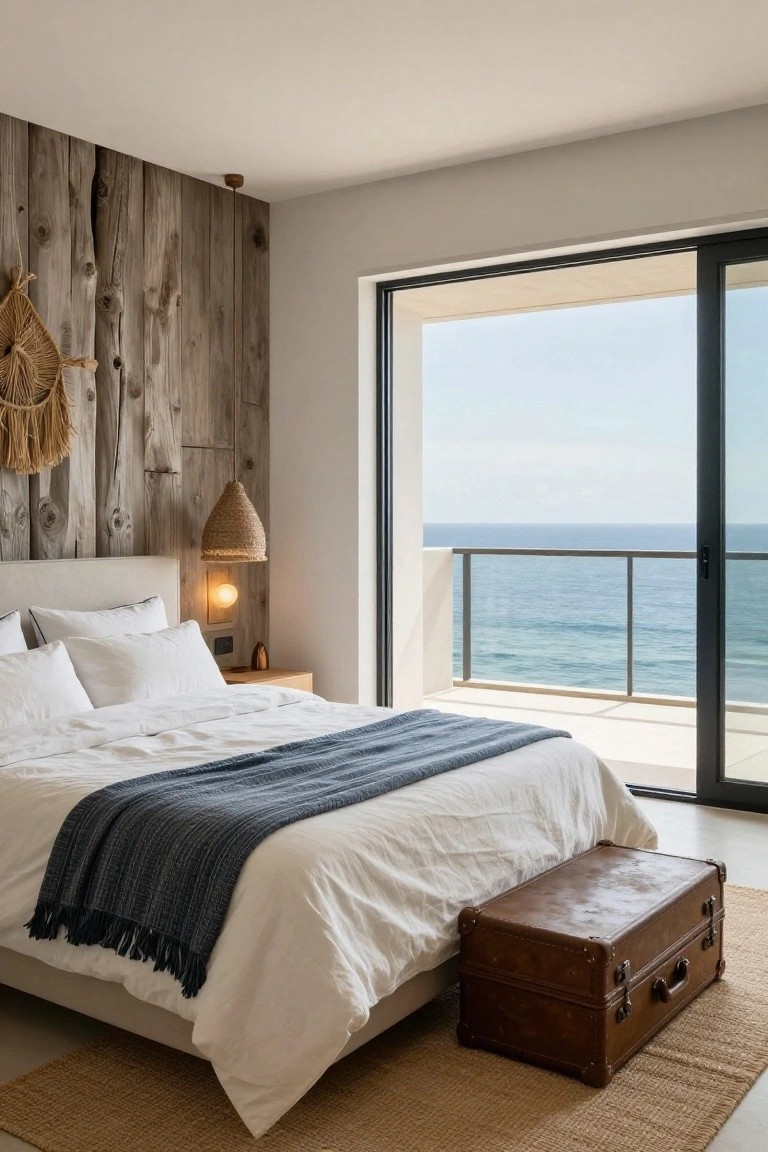 Bedroom with upholstered bed dressed in white pillows and duvet topped by blue knit throw, reclaimed wood accent wall, rattan pendant lamp, and sliding glass doors open to balcony overlooking ocean.