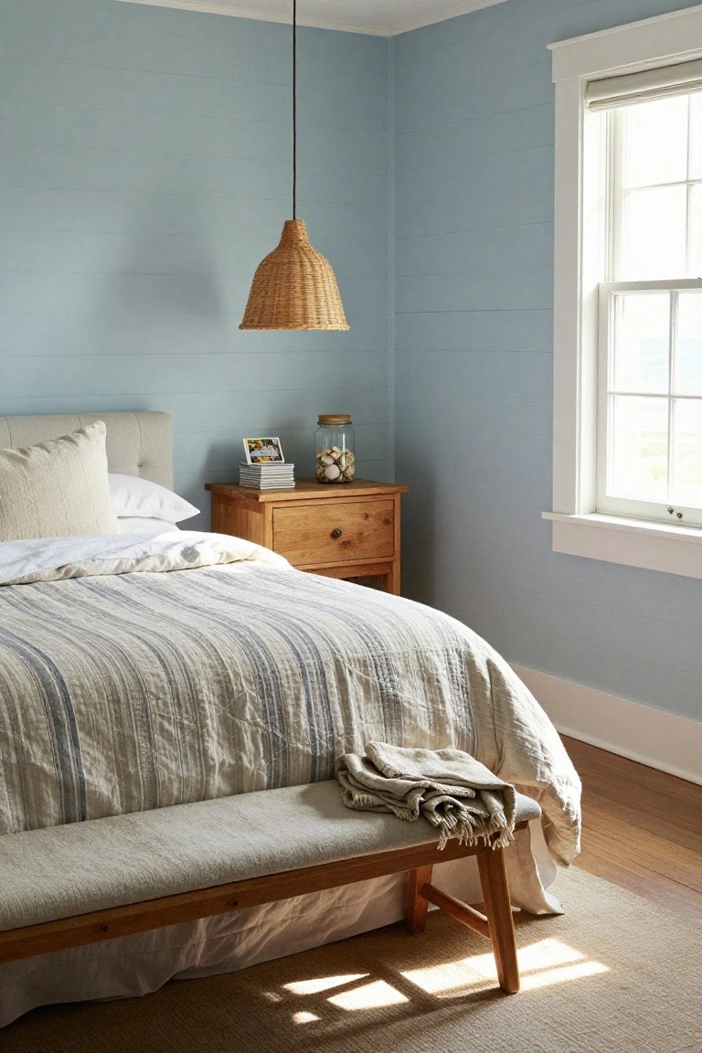 Corner view of a bedroom with light blue shiplap walls, a bed dressed in white striped linens and pillows, wooden nightstand holding jars and photos, rattan pendant lamp overhead, large window with shade, and cushioned bench with throw at the bed's foot on hardwood floors.