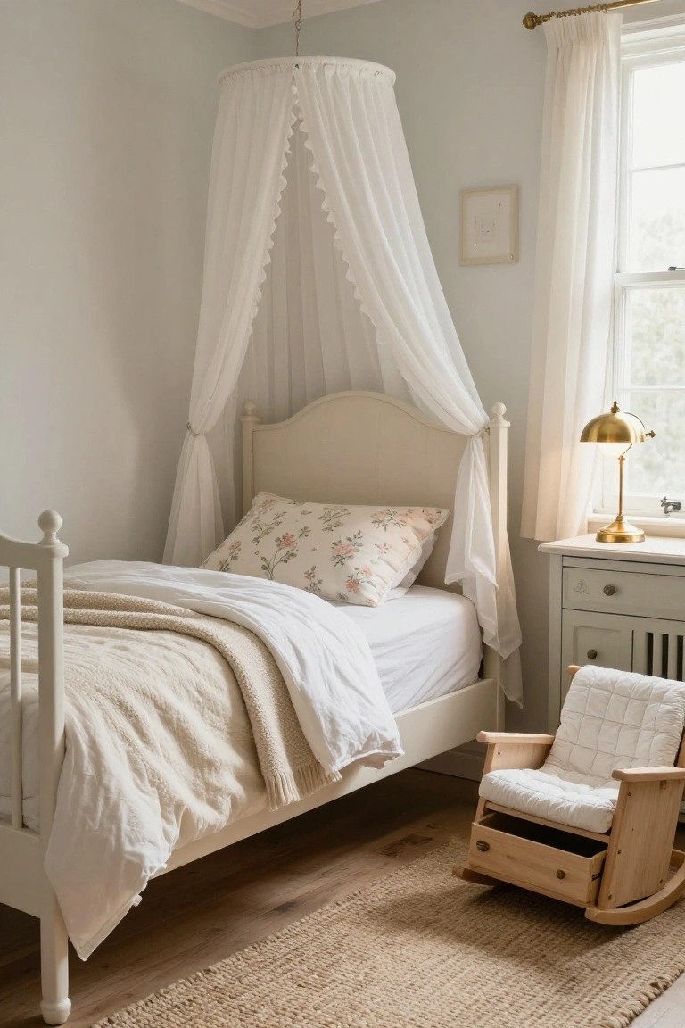 A light gray child's bedroom with a single white bed draped in white canopy fabric, floral pillows, white sheets, beige quilt and throw, gold desk lamp on a white dresser, wooden rocking chair, sheer curtains, and beige rug on wood floors.